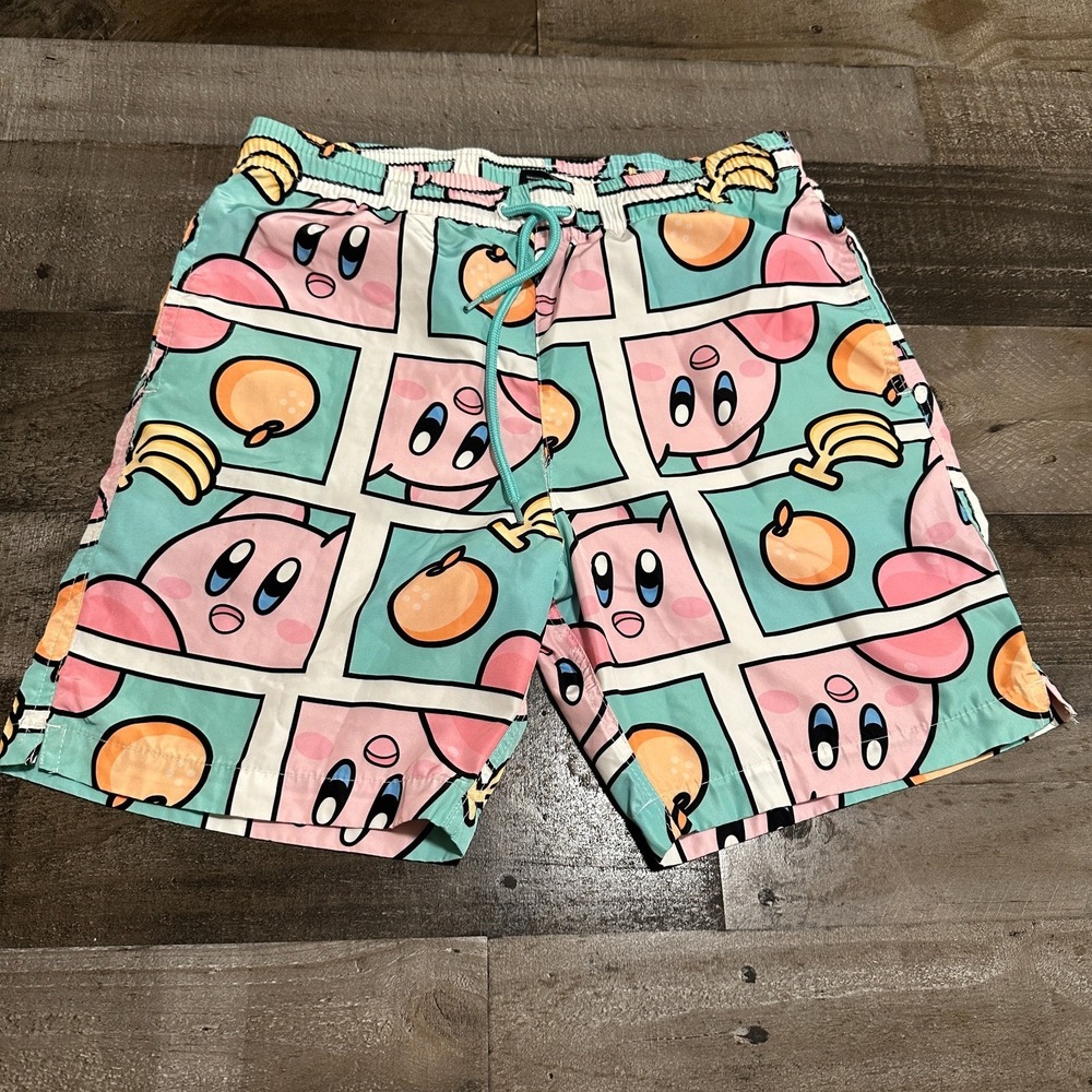 Kirby Swim Trunks Shorts Mens Large Multicolor Drawstring Quick Dry Nintendo